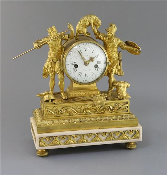 Viger of Paris. A Louis XVI ormolu and white marble mantel clock, height 14in.